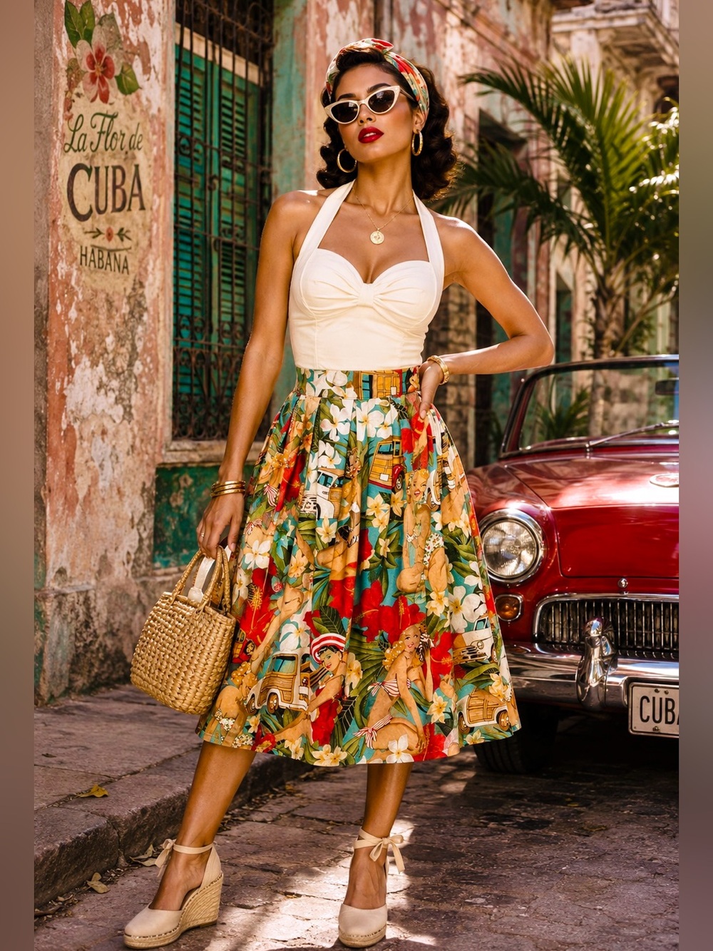 Grace Karin Pin Up Girl Hawaiian Floral Pleated A-Line Pleated Skirt Pockets
